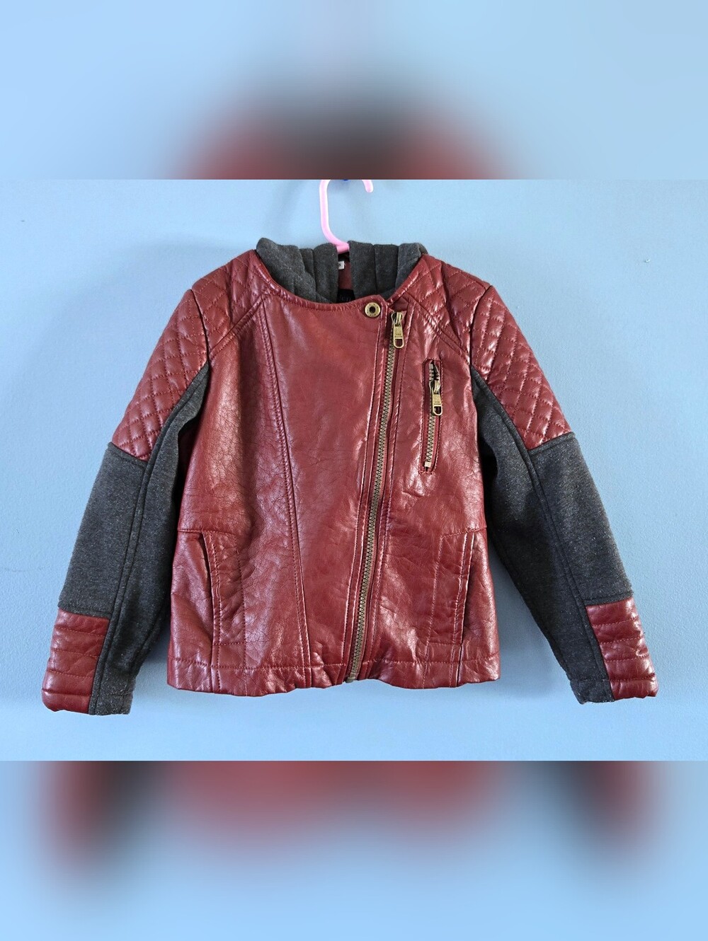 Steve Madden Girls Burgundy Faux Leather Lined Moto Jacket with Gray Sleeves 5-6